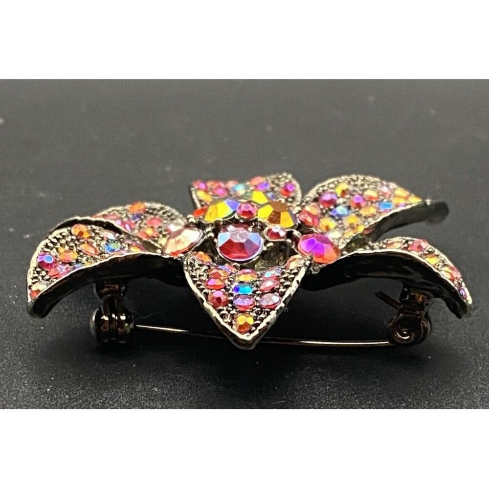 Sparkling Vintage Brooch Japanned Flower Pin AB Red Rhinestones Boho - Picture 5 of 8